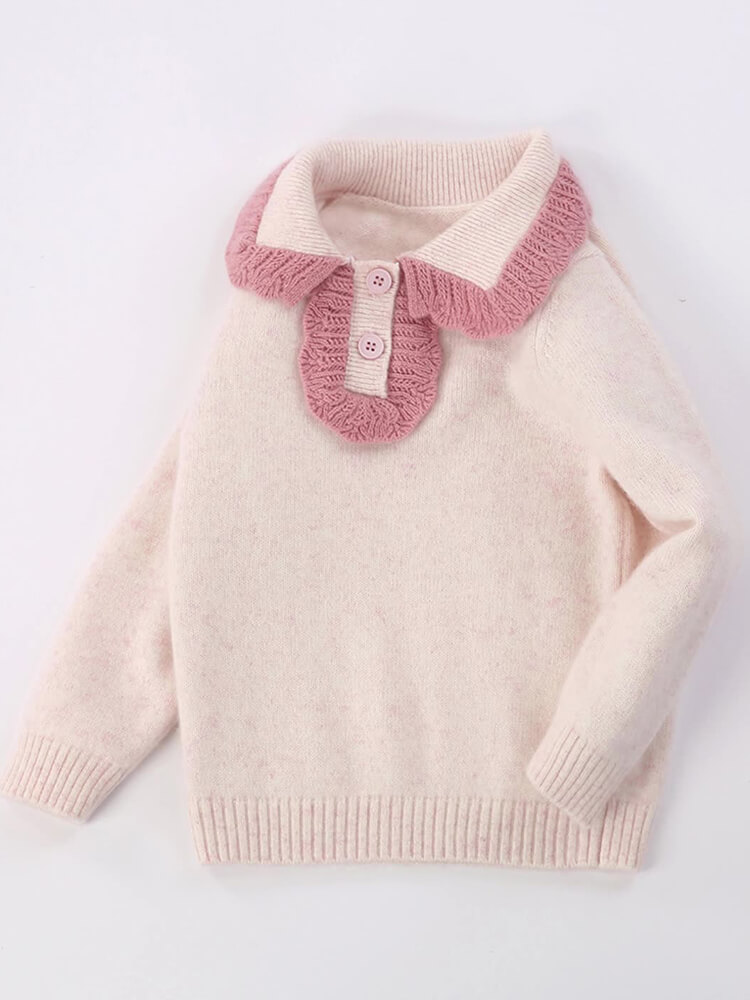 Girls Cream Pink Cashmere Sweater with Ruffled Contrast Collar